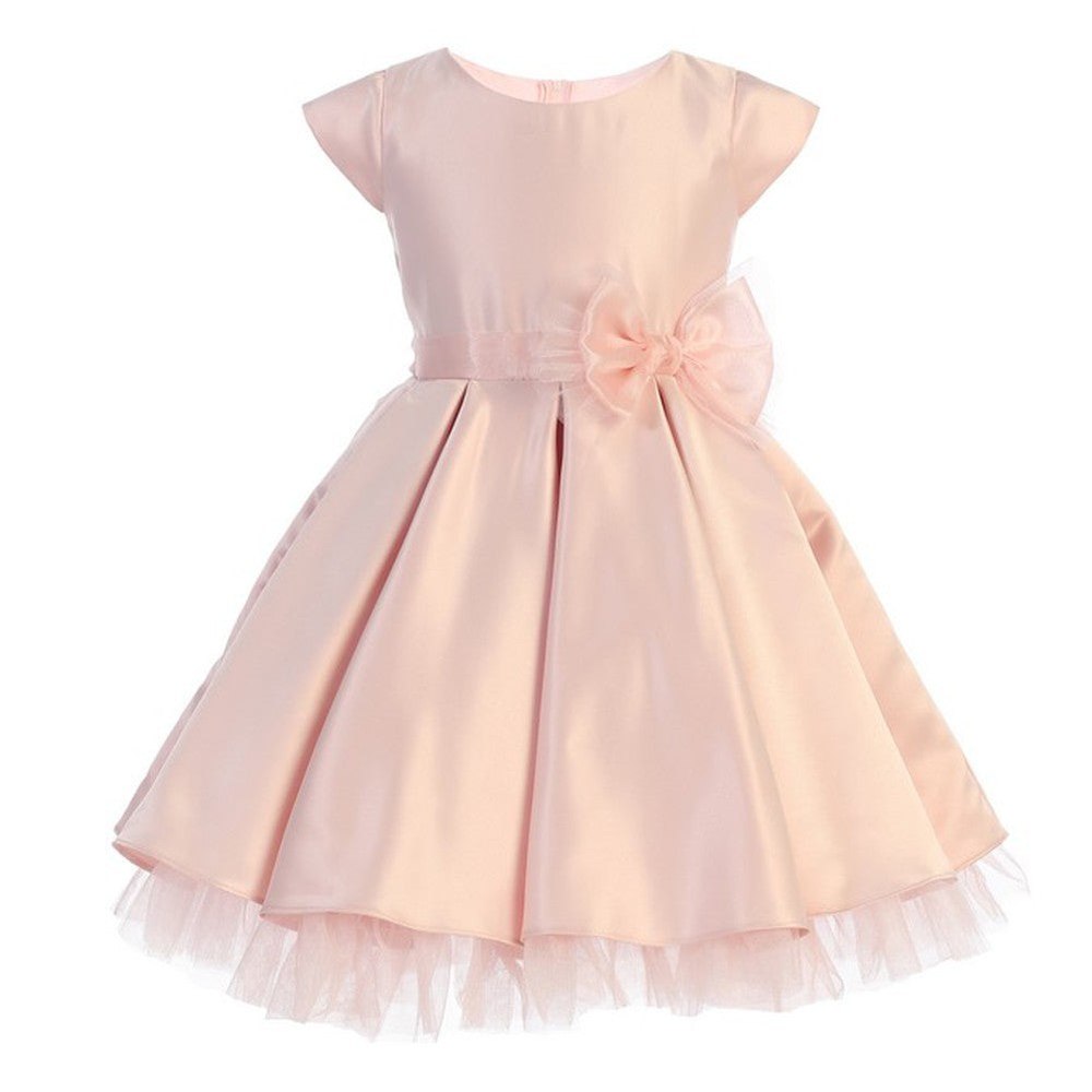 Little Girls Pink Full Pleated Satin Oversize Bow Easter Dress 2-6