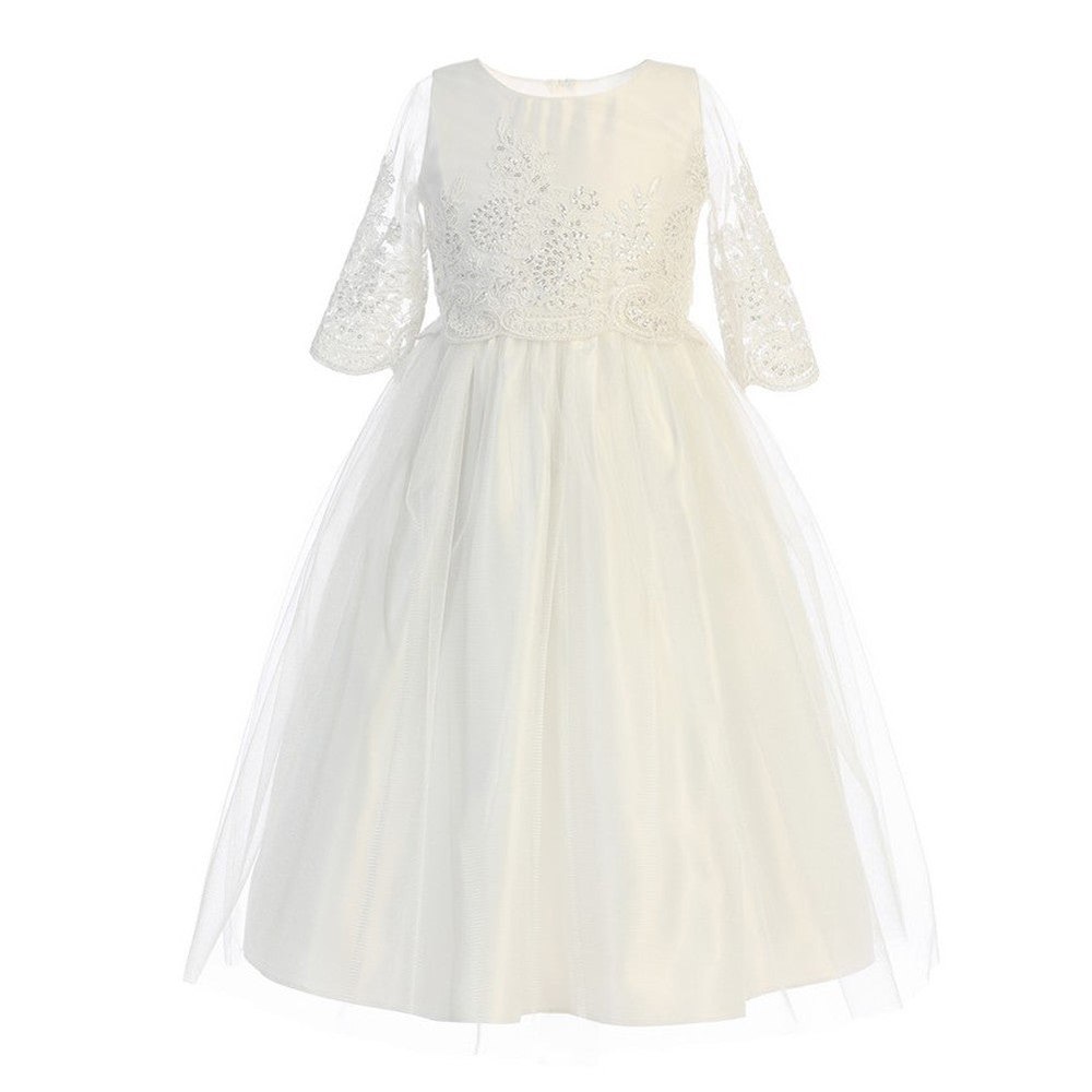Little Girls Off-White Sequin Cord Detail Flower Girl Dress 2-6