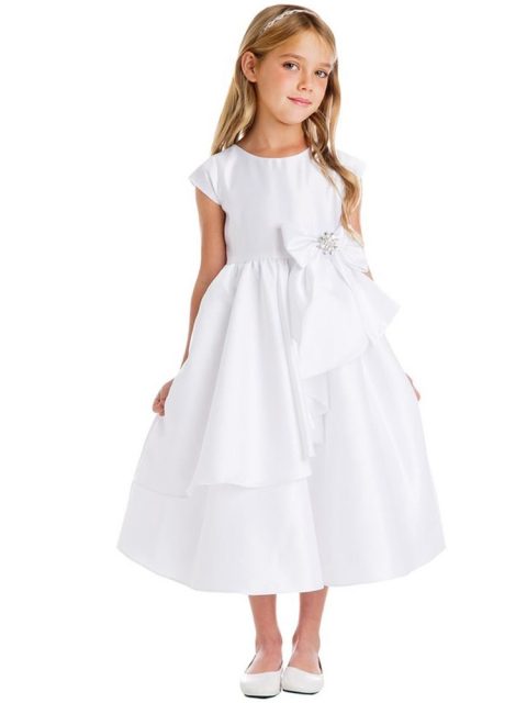 Girls White Satin Cascading Ribbon Accent Communion Dress 6-16