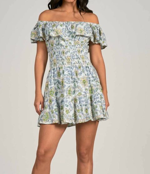 Off Shoulder Ruffle Dress In White/floral