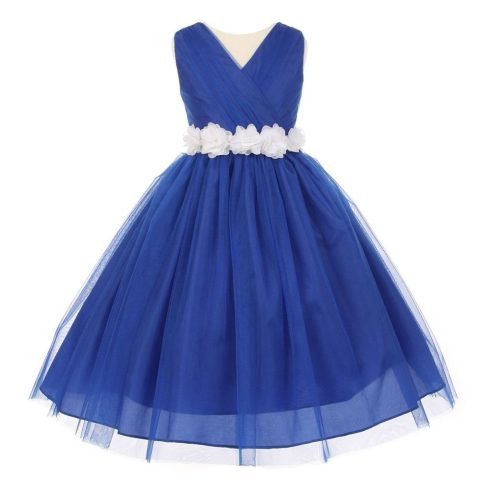 Little Girls Royal Blue White Chiffon Floral Sash Tulle Flower Girl Dress 2-6