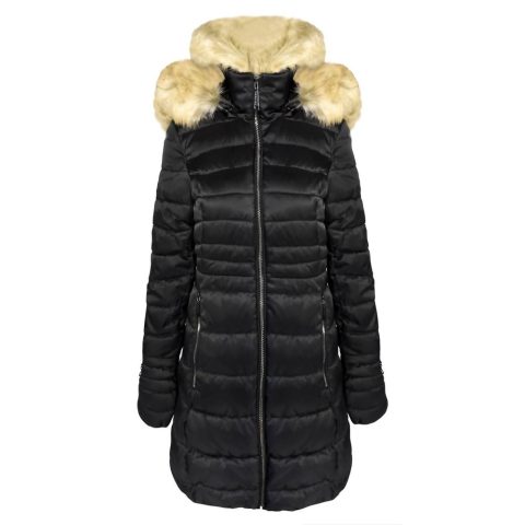 Women’s Quilted Faux Fur Hood Puffer Jacket Coat In Black