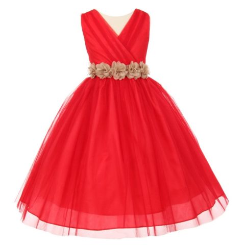 Little Girls Red Champagne Chiffon Floral Sash Tulle Flower Girl Dress 2-6