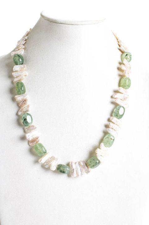 Rarities Womens Sterling Silver Yellow Gold Plated Prehnite Beaded Keshi Pearl Necklace 24
