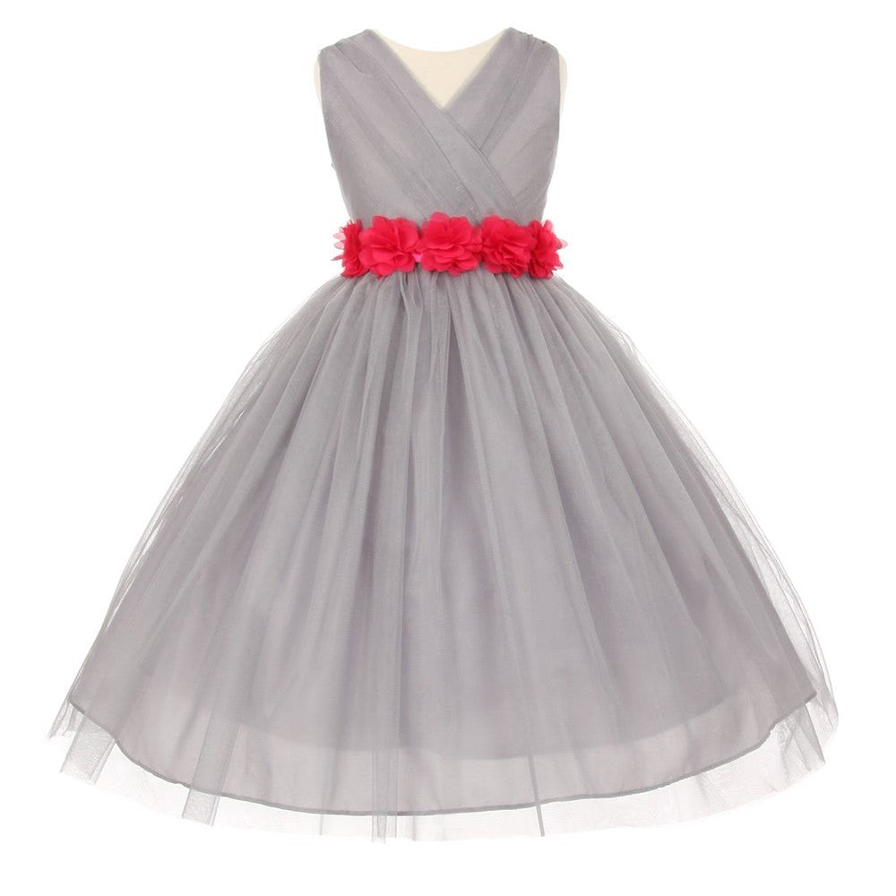 Big Girls Silver Fuchsia Chiffon Flowers Tulle Junior Bridesmaid Dress 8-14