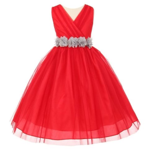 Little Girls Red Silver Chiffon Floral Sash Tulle Flower Girl Dress 2-6