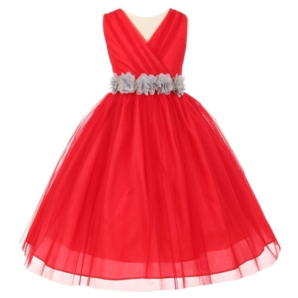 Little Girls Red Silver Chiffon Floral Sash Tulle Flower Girl Dress 2-6