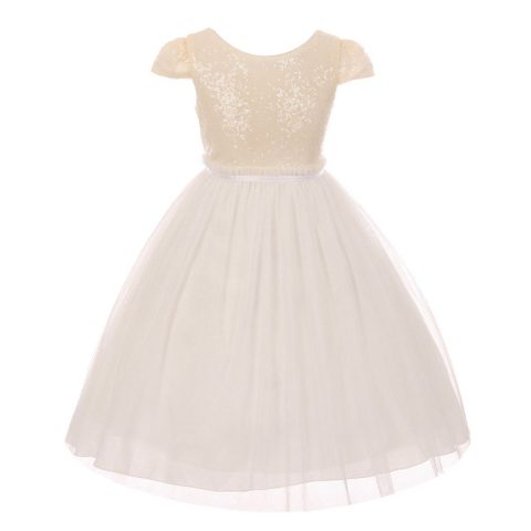 Big Girls Ivory Sequins Tulle Cap Sleeves Junior Bridesmaid Dress 8-12