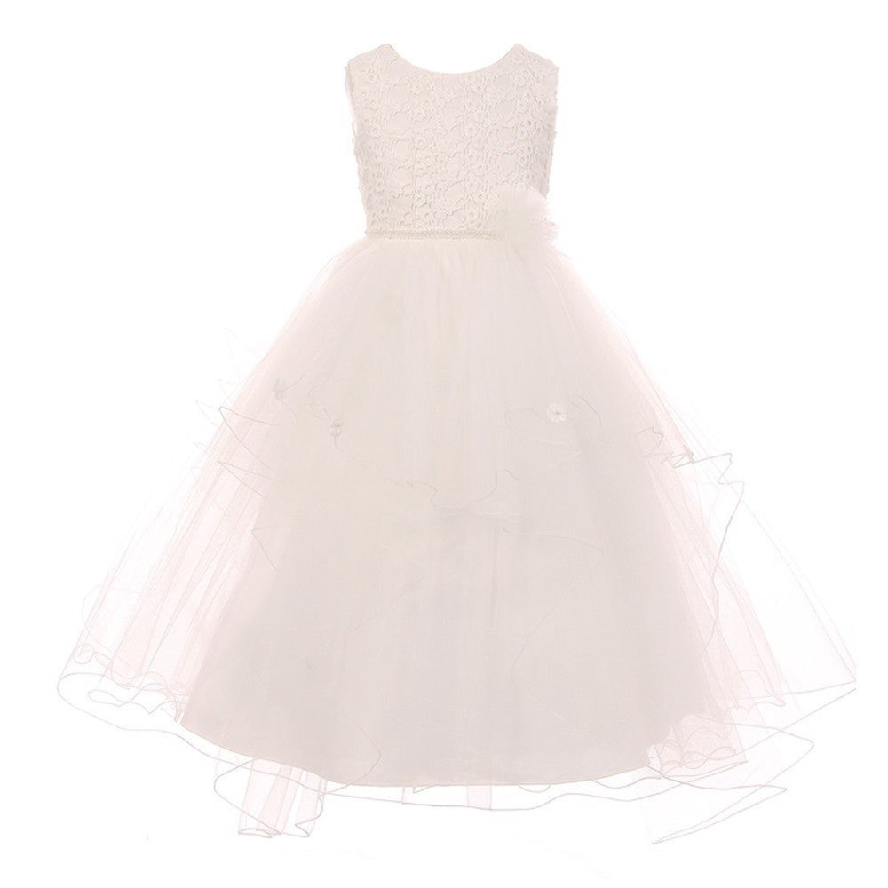 Big Girls Ivory Pearl Flower Adorned Multi Layer Communion Dress 8-16