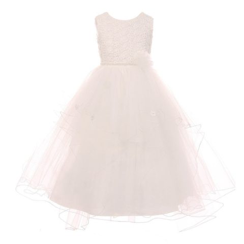 Little Girls Ivory Pearl Flower Adorned Multi Layer Flower Girl Dress 4-6