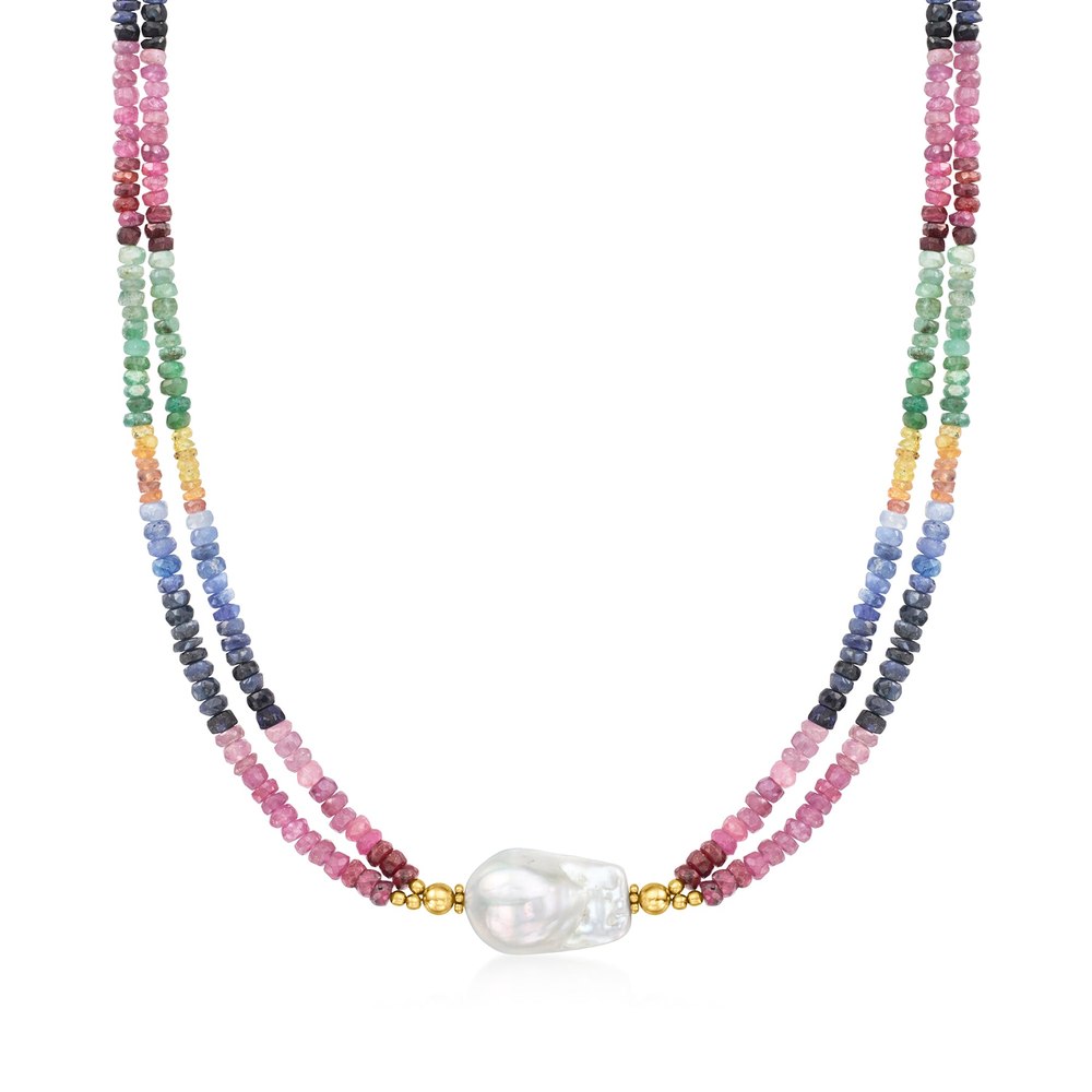 Ross-Simons 22x14mm Cultured Baroque Pearl and Multicolored Sapphire Bead Necklace With 18kt Gold Over Sterling