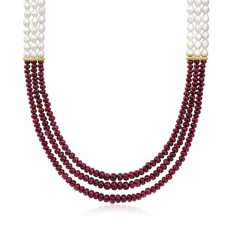Ross-Simons 4.5-5mm Cultured Pearl and Ruby Bead Necklace With 18kt Gold Over Sterling