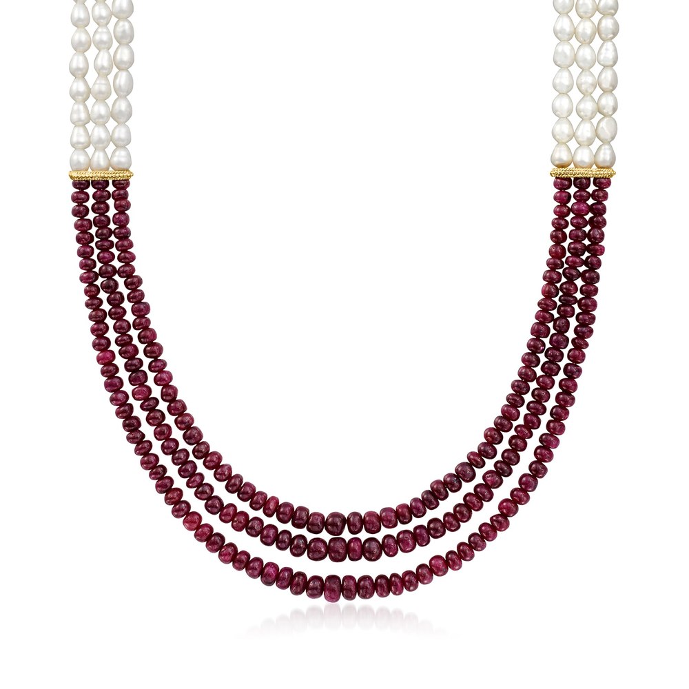 Ross-Simons 4.5-5mm Cultured Pearl and Ruby Bead Necklace With 18kt Gold Over Sterling