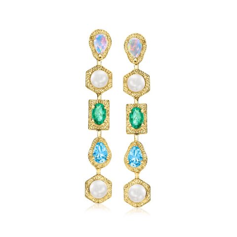 Ross-Simons Opal and 4.5-5mm Cultured Pearl Drop Earrings With Swiss Blue Topaz and . Emerald in 18kt Gold Over Sterling