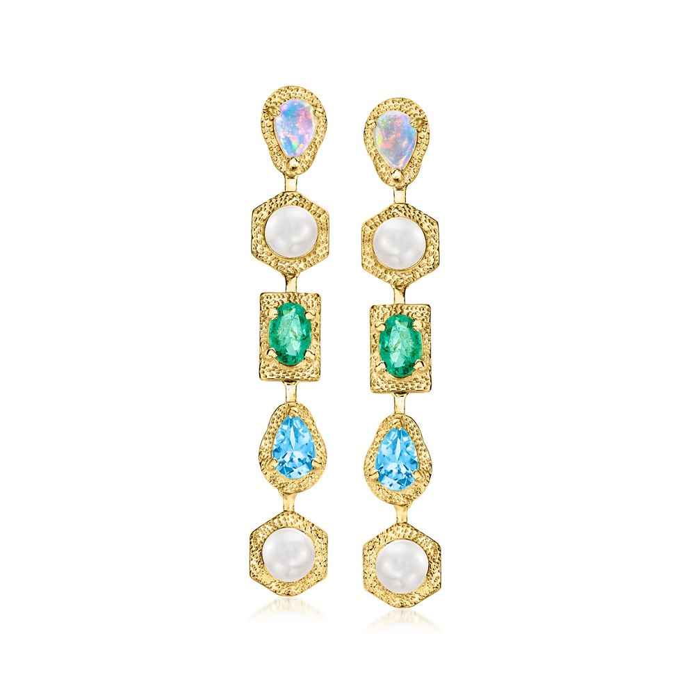 Ross-Simons Opal and 4.5-5mm Cultured Pearl Drop Earrings With Swiss Blue Topaz and . Emerald in 18kt Gold Over Sterling