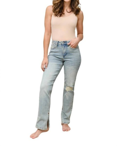 High Rise Straight Fit Destroyed Jeans In Light Wash