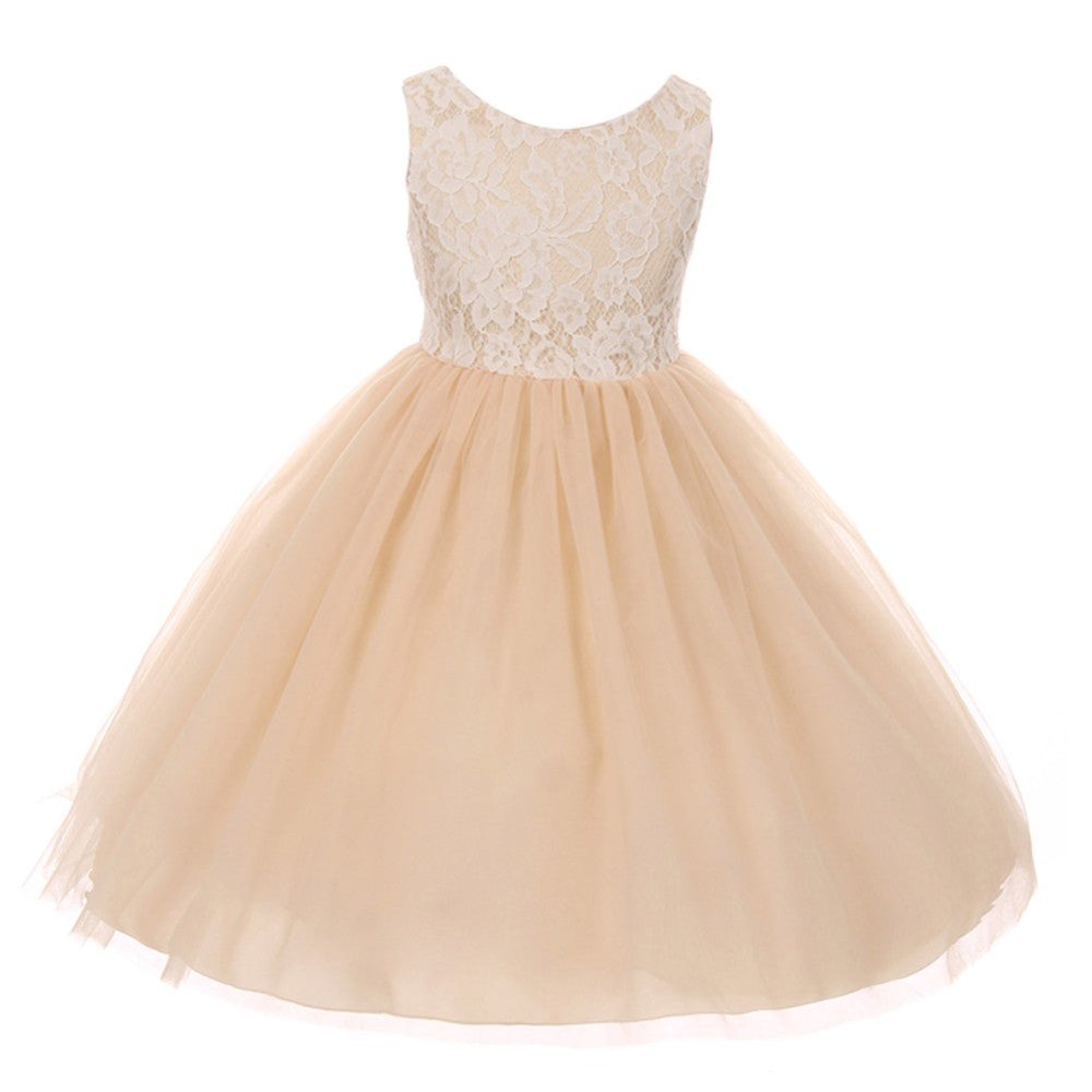 Big Girls Champagne Lace Tulle Sleeveless Easter Dress 8-12