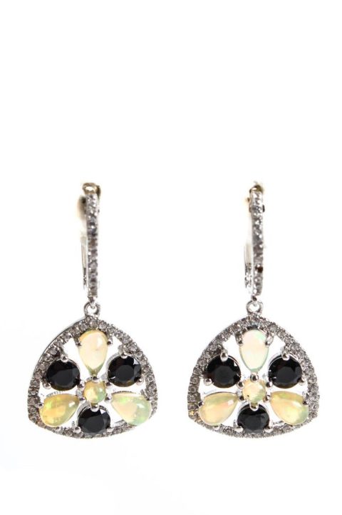 Rarities Sterling Silver Opal Black & White Spinel Cluster Dangle Earrings 1.25