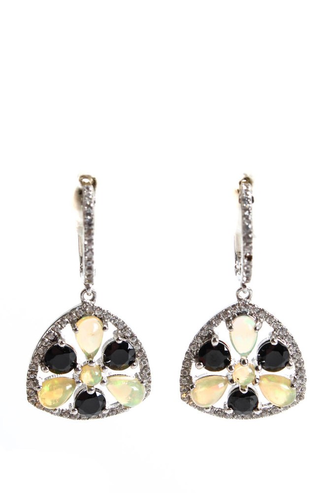 Rarities Sterling Silver Opal Black & White Spinel Cluster Dangle Earrings 1.25