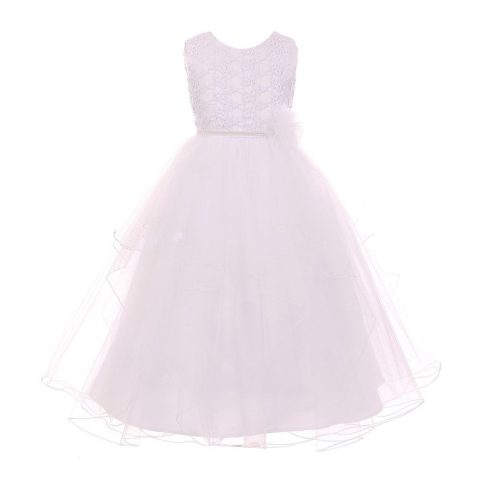 Little Girls White Pearl Flower Adorned Multi Layer Flower Girl Dress 4-6