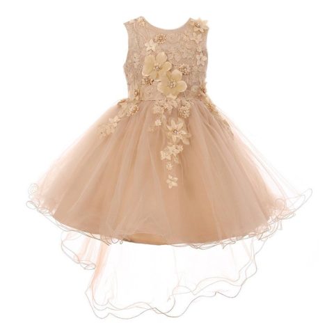 Big Girls Taupe 3D Floral Appliques Hi-Low Tulle Junior Bridesmaid Dress 8-12