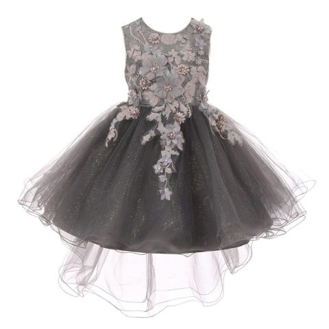 Big Girls Silver 3D Floral Appliques Hi-Low Tulle Junior Bridesmaid Dress 8-12
