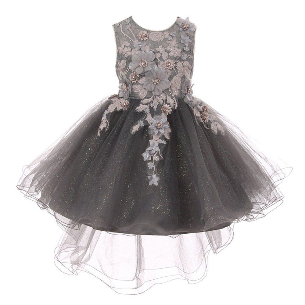 Big Girls Silver 3D Floral Appliques Hi-Low Tulle Junior Bridesmaid Dress 8-12