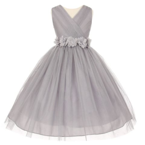 Little Girls Silver Chiffon Floral Sash Shiny Tulle Flower Girl Dress 2-6