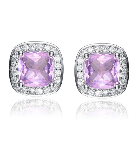 White Gold Plated Square Stud Earrings with Pink Cubic Zirconia