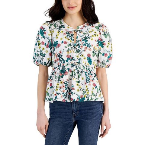 Tie Neck Puff Sleeve Peplum Top