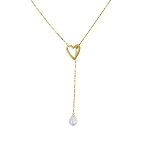Tarnish Resistant 14k Gold Plated Heart and Freshwater Pearl Lariat Slide Thru Necklace
