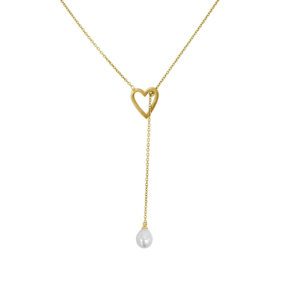 Tarnish Resistant 14k Gold Plated Heart and Freshwater Pearl Lariat Slide Thru Necklace