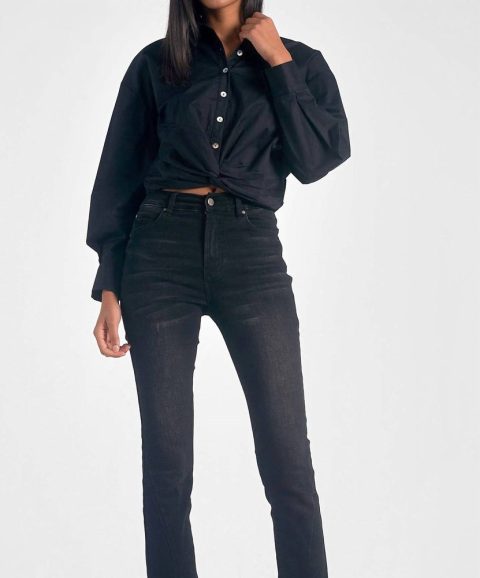 Long Sleeve Button Down Twist Front Top In Black