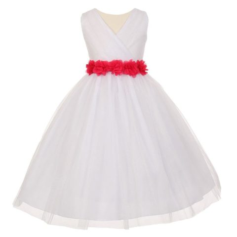 Big Girls White Fuchsia Chiffon Flowers Tulle Junior Bridesmaid Dress 8-14