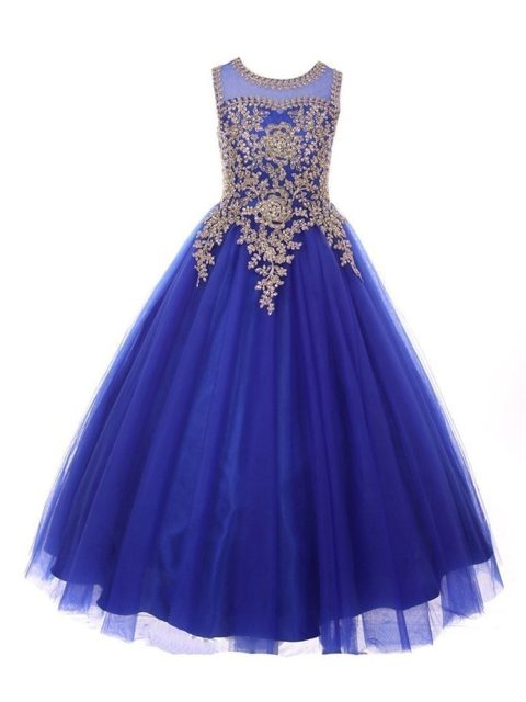 Girls Gold Rhinestone Cording Illusion Flower Girl Dress Size 14