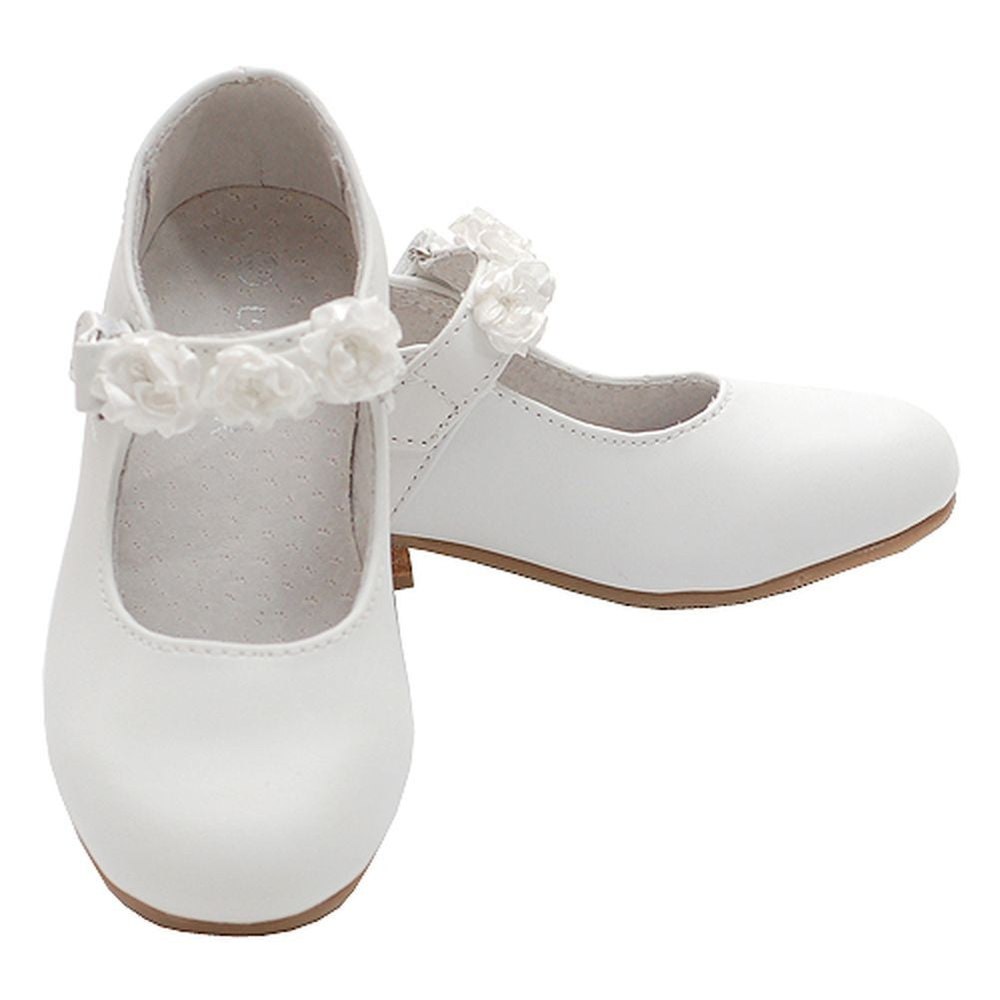 White Mary Jane Flower Accent Flat Dress Shoes 2 Kids