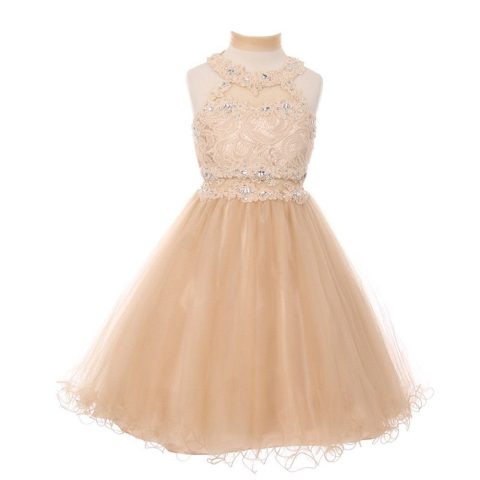 Girls Champagne Rhinestone Halter Neck Lace Junior Bridesmaid Dress 12