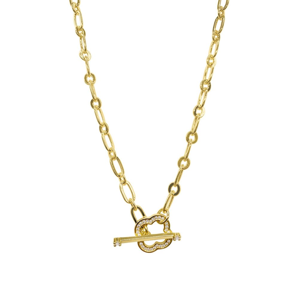 14k Gold Plated Crystal Clover Paper Clip Chain Toggle Necklace