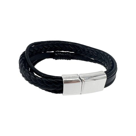 Silver Plated Magnetic Clasp Multistrand Black Leather Bracelet
