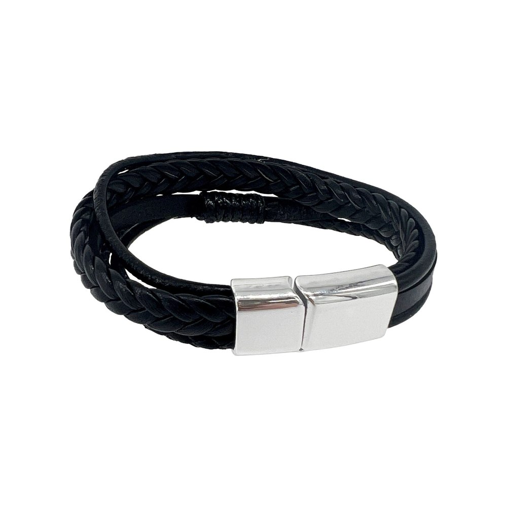 Silver Plated Magnetic Clasp Multistrand Black Leather Bracelet