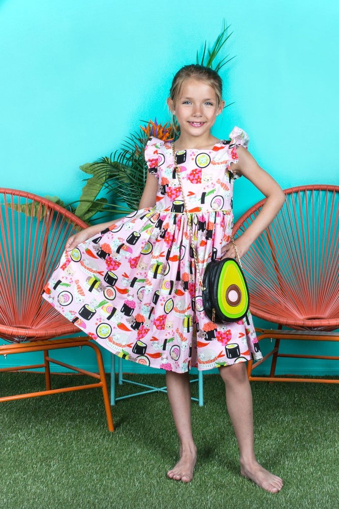 Girls Pink Sushi Cat Print Butterfly Sleeves Cotton Dress, Sizes 2-14