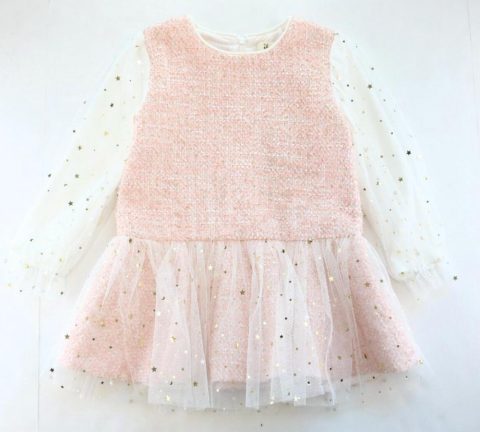 Star Mesh Long Sleeve Tweed Dress In Pink