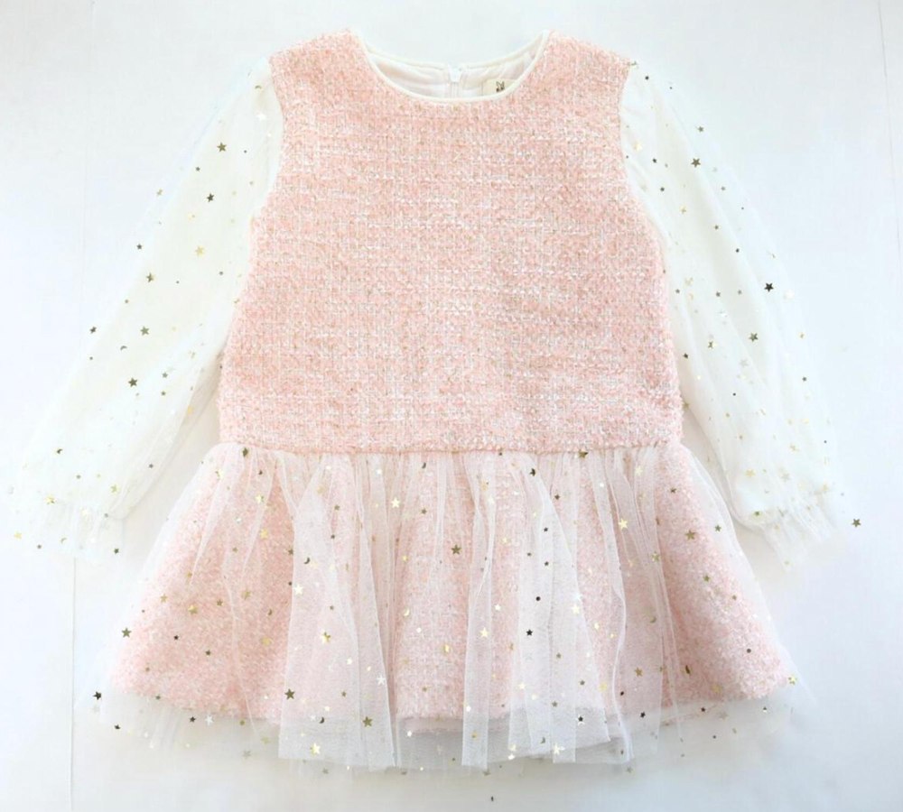 Star Mesh Long Sleeve Tweed Dress In Pink
