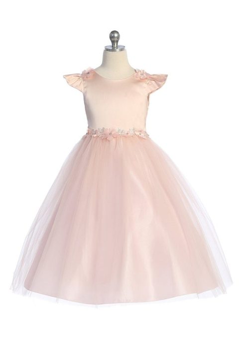 Big Girls Flutter Sleeve Floral Applique Junior Bridesmaid Dress 16.5-20.5