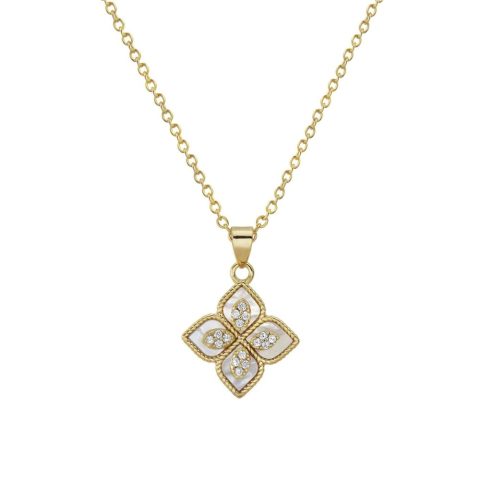 14k Gold Plated Renaissance Flower Crystal White Mother of Pearl Necklace