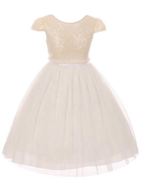 Girls Ivory Sequins Tulle Plus Size Junior Bridesmaid Dress, Size 16.5