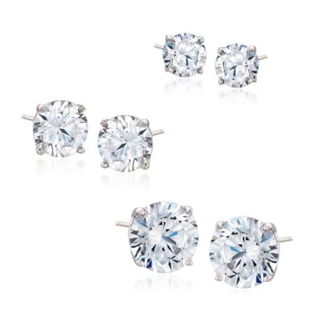 Sterling Silver Cubic Zirconia Stud Earrings Set 3 Pairs