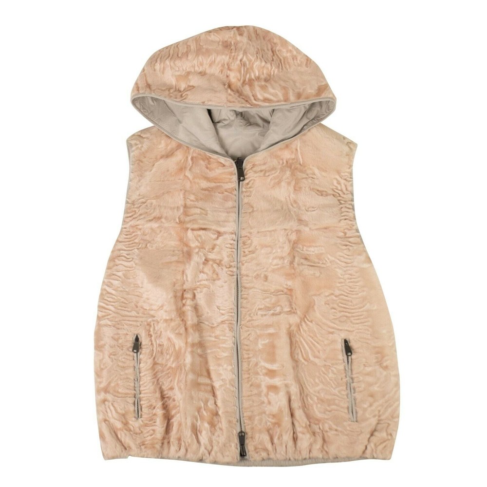 Women’s Astrakhan Fur Reversible Hooded Vest – Pink