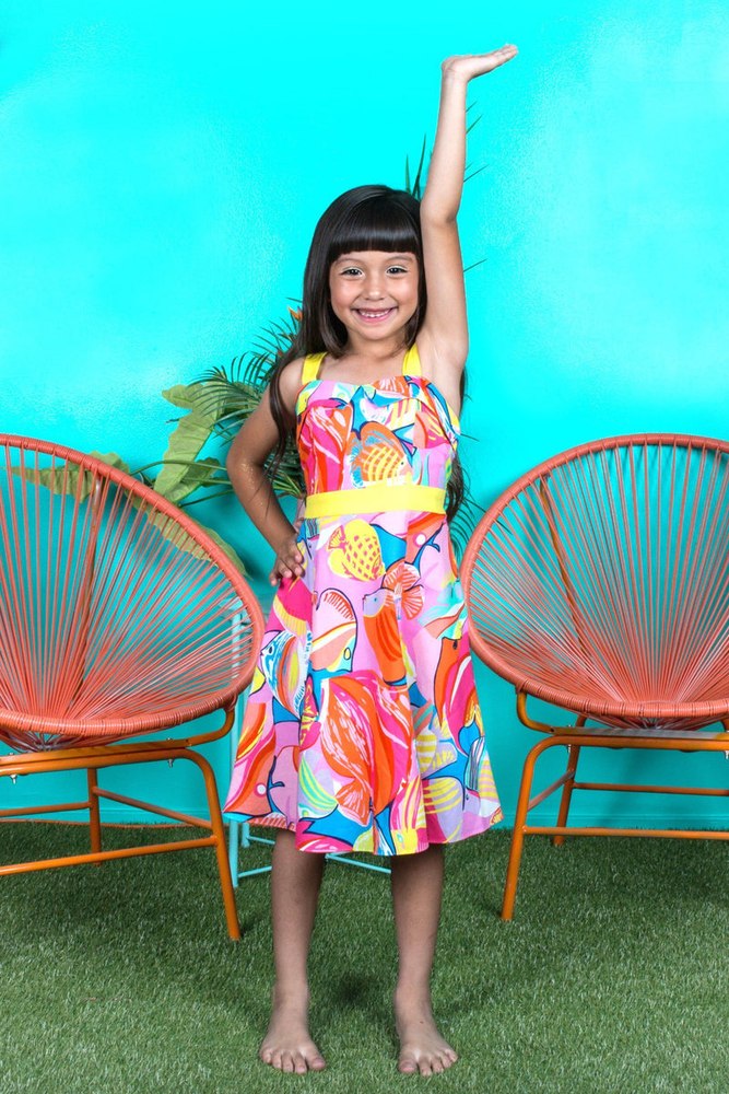 Girls Tropical Fish Print Pin-Up Style Cotton Dress with Pockets, Sizes 2-14