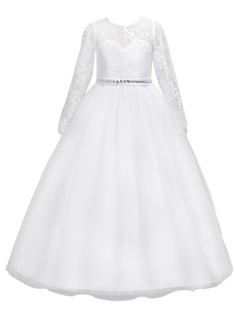 Big Girls White Lace Long Sleeve Illusion Neck Communion Dress, Sizes 7-16